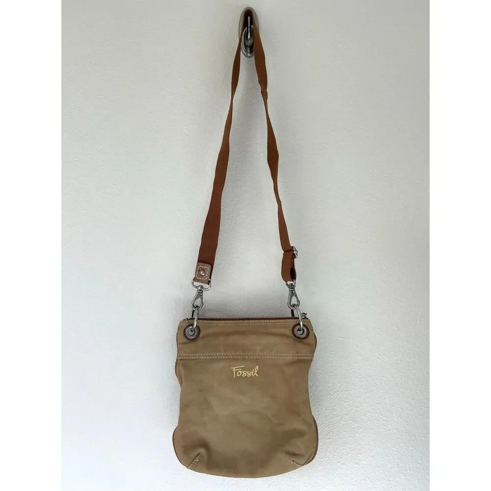 Vintage Fossil Canvas Leather Crossbody Bag Tan Utility Y2K Boho Messenger Purse